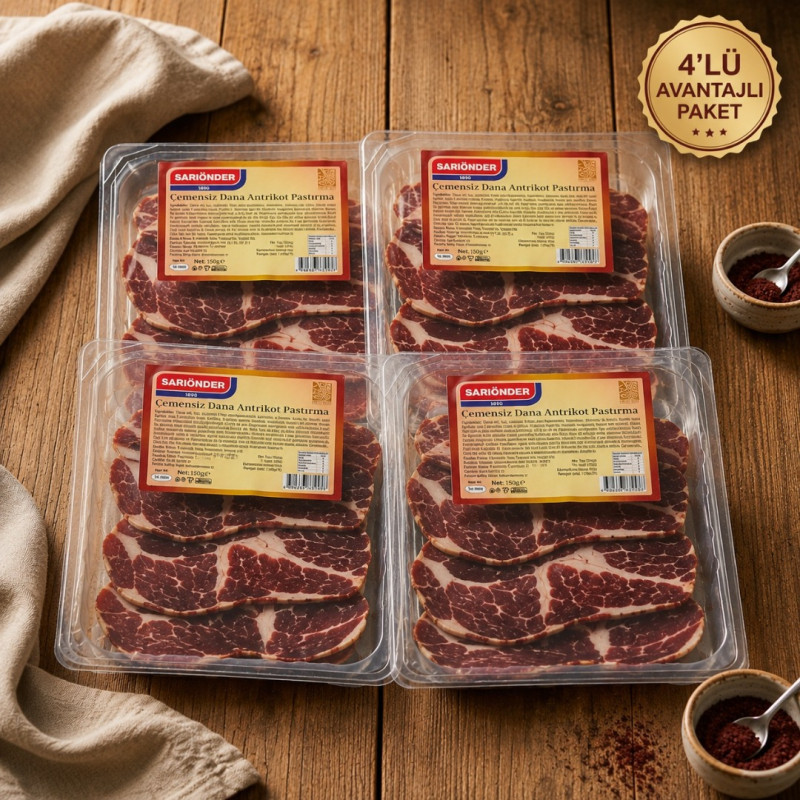 4x150 g Avantaj Paket Çemensiz Yağlı Pastırma (Antrikot) - Özel Koruyucu Ambalajda 4x150 g Avantaj Paket Çemensiz Yağlı Pastırma (Antrikot) - Özel Koruyucu Ambalajda