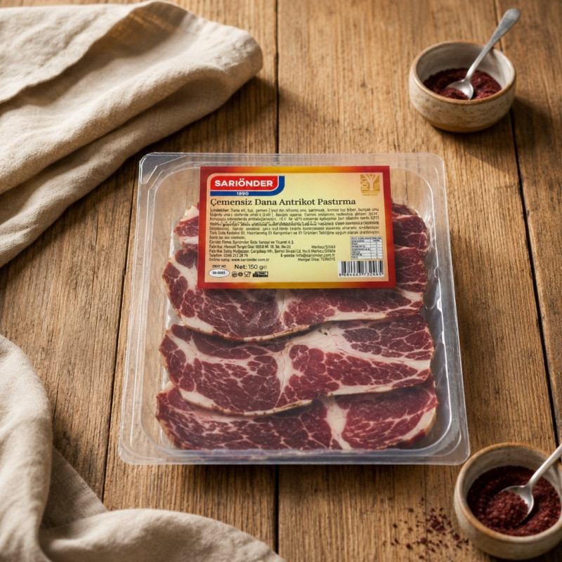 150 g Çemensiz Yağlı Pastırma (Antrikot) - Özel Koruyucu Ambalajda 150 g Çemensiz Yağlı Pastırma (Antrikot) - Özel Koruyucu Ambalajda