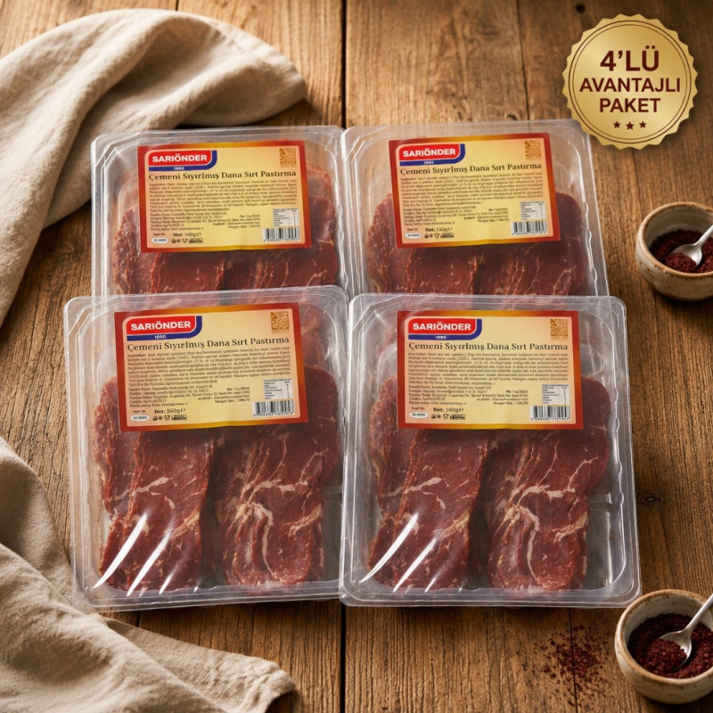 4x150 g Avantaj Paket Çemensiz Az Yağlı Pastırma (Sırt) - Özel Koruyucu Ambalajda 4x150 g Avantaj Paket Çemensiz Az Yağlı Pastırma (Sırt) - Özel Koruyucu Ambalajda