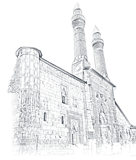Sivas Çifte Minareli Medrese kara kalem çizimi
